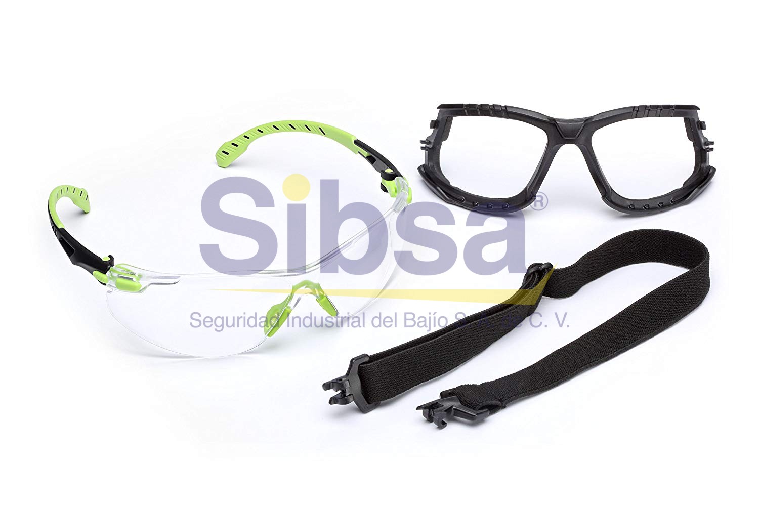 3M™ Solus™ Kit de Gafas Serie 1000, S1201SGAF-KT, Mica Clara Anti-Empaño Scotchgard™ con Patillas, Banda Elástica y Junta de Espuma, Marco Verde, 20 por caja Identificación 3M 70071694502